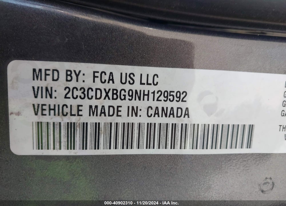 2022 DODGE CHARGER VIN: 2C3CDXBG9NH129592