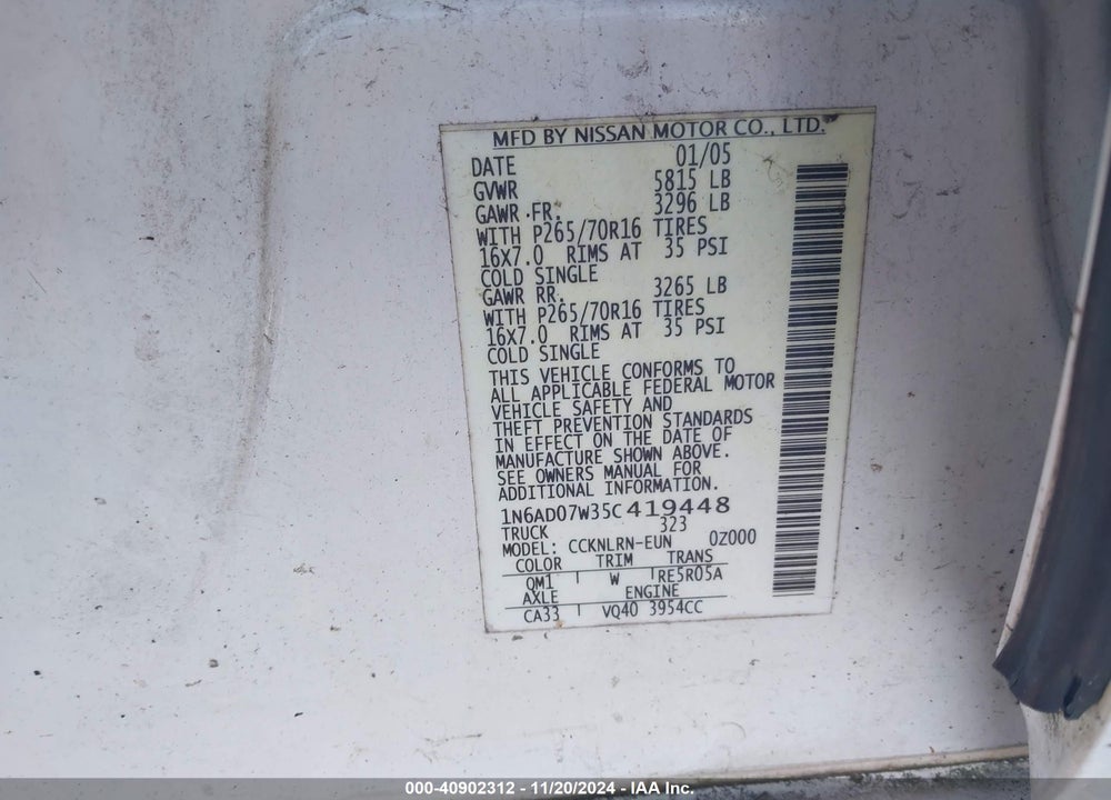 2005 NISSAN FRONTIER SE VIN: 1N6AD07W35C419448