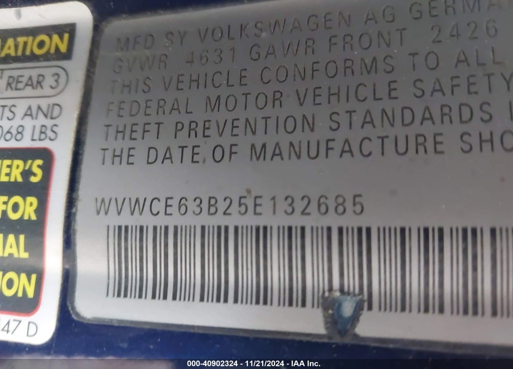 2005 VOLKSWAGEN PASSAT GLS TDI VIN: WVWCE63B25E132685