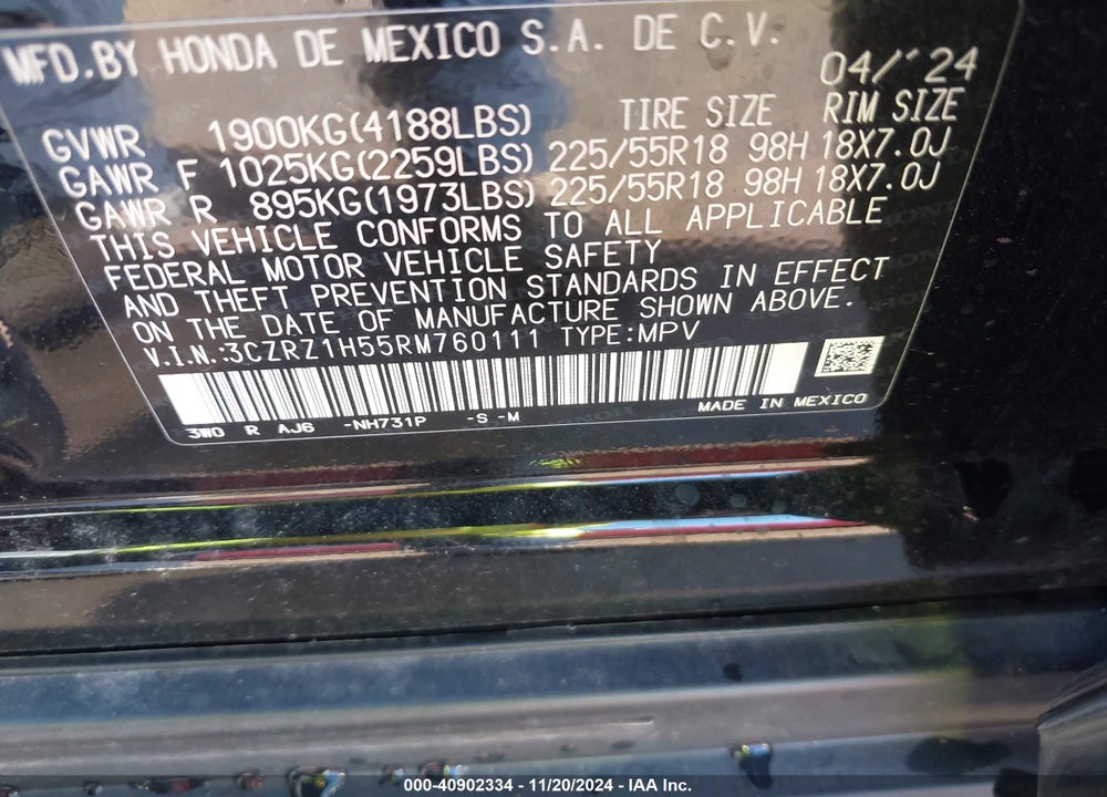 2024 HONDA HR-V 2WD SPORT/2WD SPORT W/O BSI VIN: 3CZRZ1H55RM760111