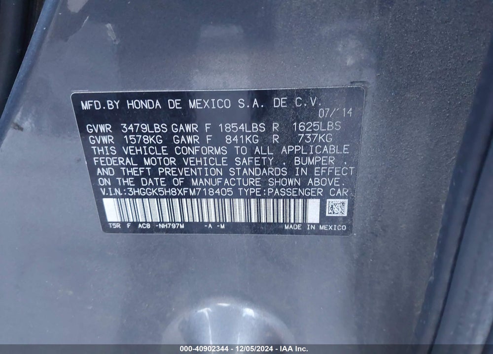 2015 HONDA FIT EX/EX-L VIN: 3HGGK5H8XFM718405