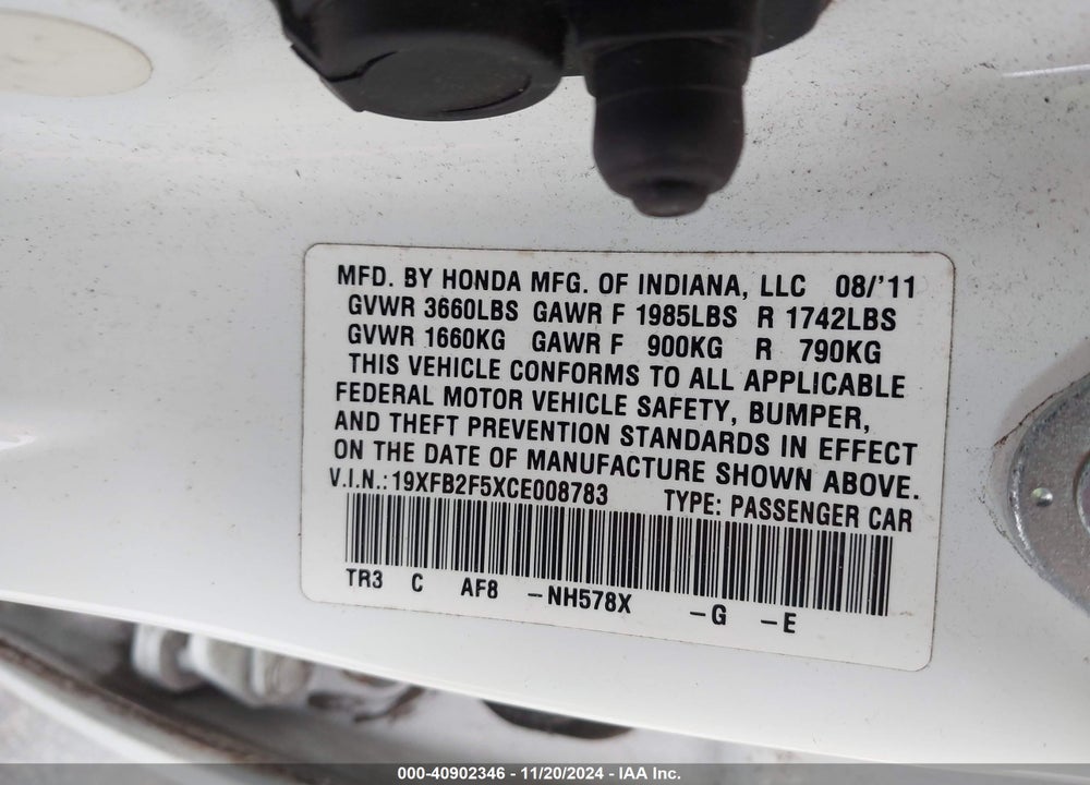2012 HONDA CIVIC LX VIN: 19XFB2F5XCE008783