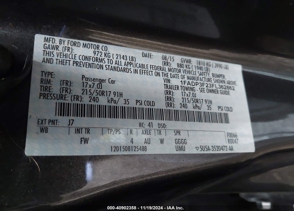2015 FORD FOCUS SE VIN: 1FADP3F23FL362862