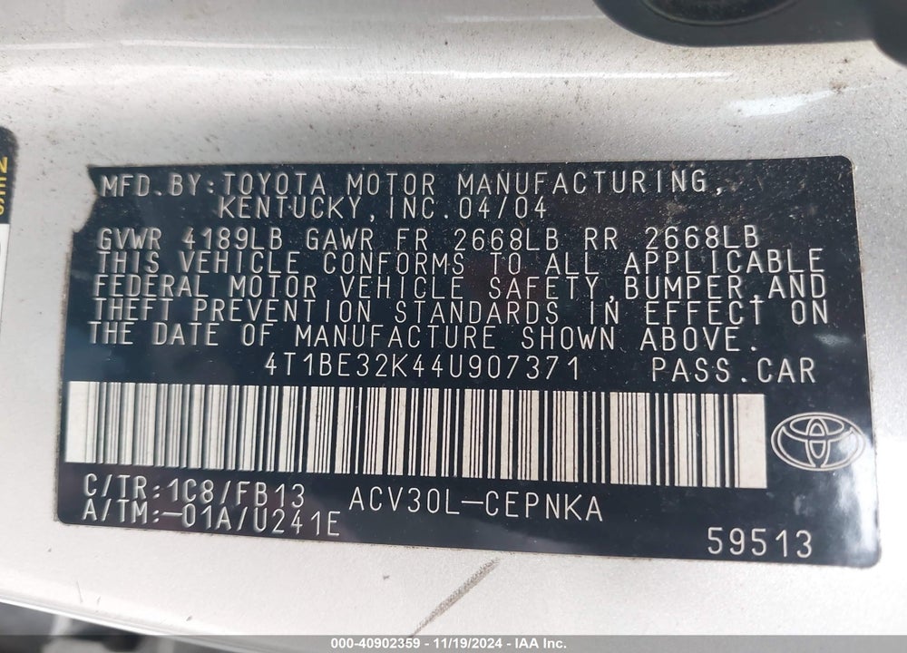 2004 TOYOTA CAMRY LE VIN: 4T1BE32K44U907371