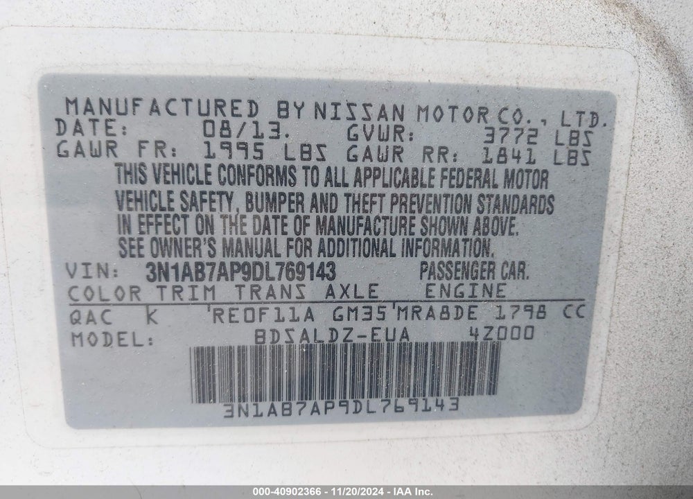 2013 NISSAN SENTRA SV VIN: 3N1AB7AP9DL769143