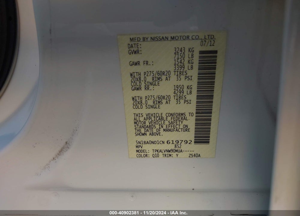 2012 NISSAN ARMADA SL VIN: 5N1BA0ND1CN619792