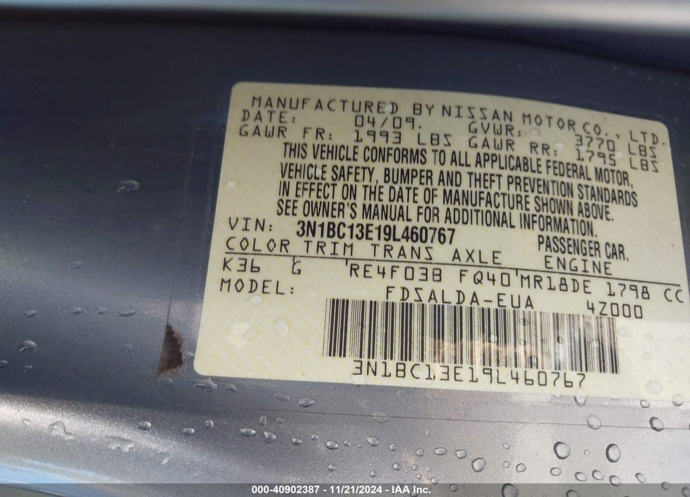 2009 NISSAN VERSA 1.8S VIN: 3N1BC13E19L460767