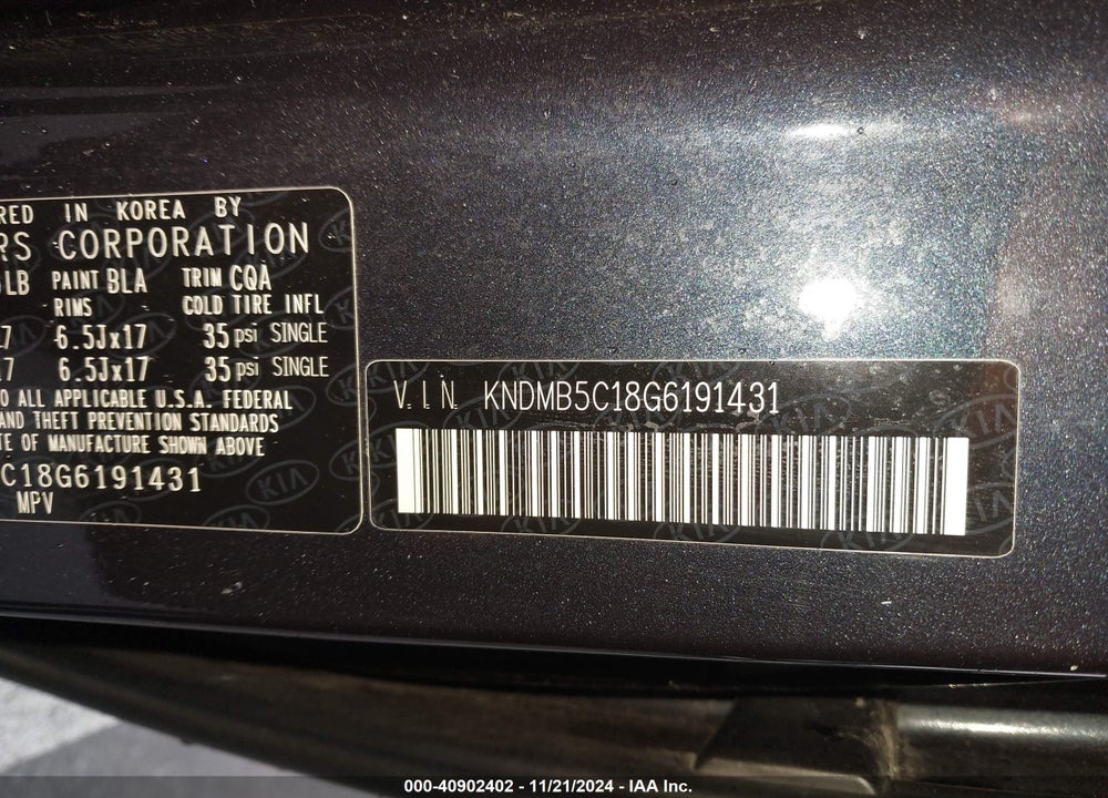 2016 KIA SEDONA LX VIN: KNDMB5C18G6191431