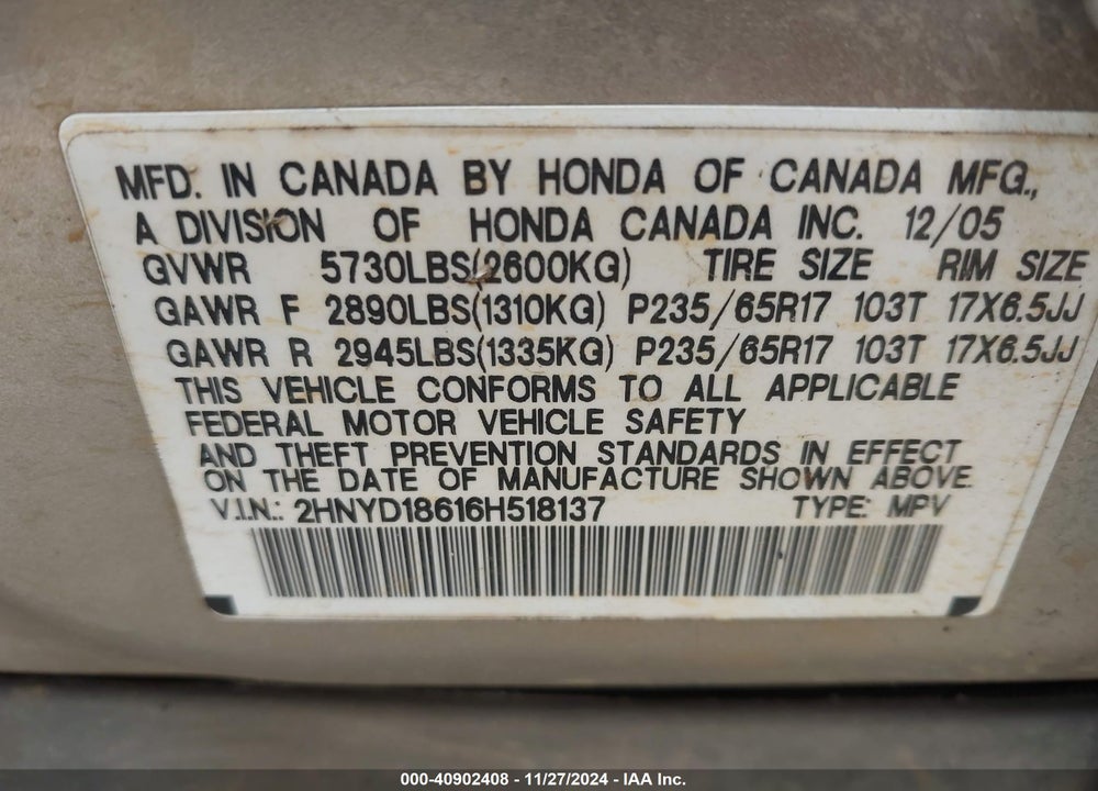 2006 ACURA MDX VIN: 2HNYD18616H518137