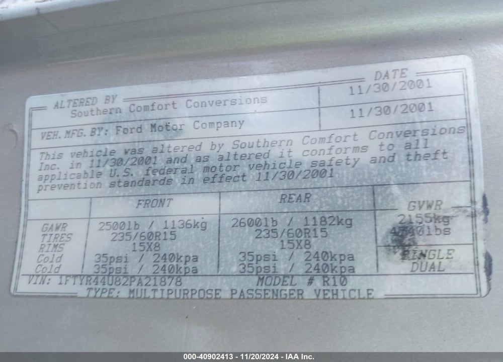 2002 FORD RANGER EDGE/TREMOR/XLT VIN: 1FTYR44U82PA21878