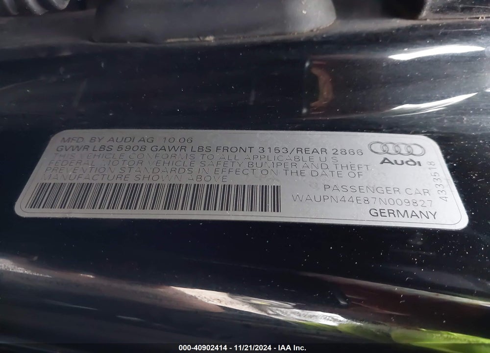 2007 AUDI S8 5.2 VIN: WAUPN44E87N009827