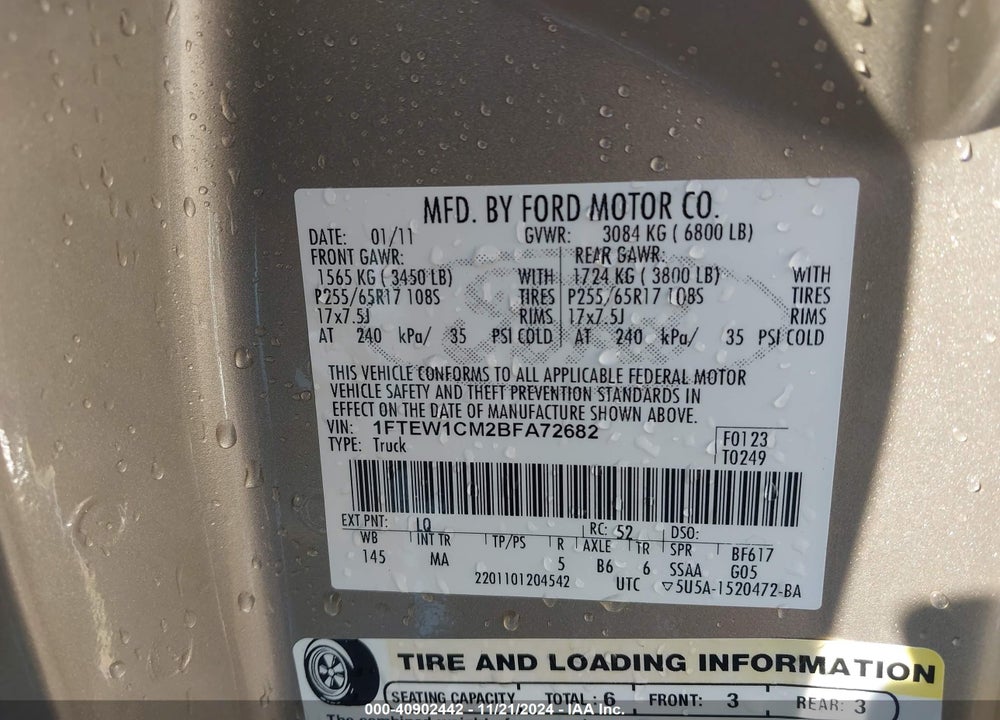 2011 FORD F-150 XLT VIN: 1FTEW1CM2BFA72682
