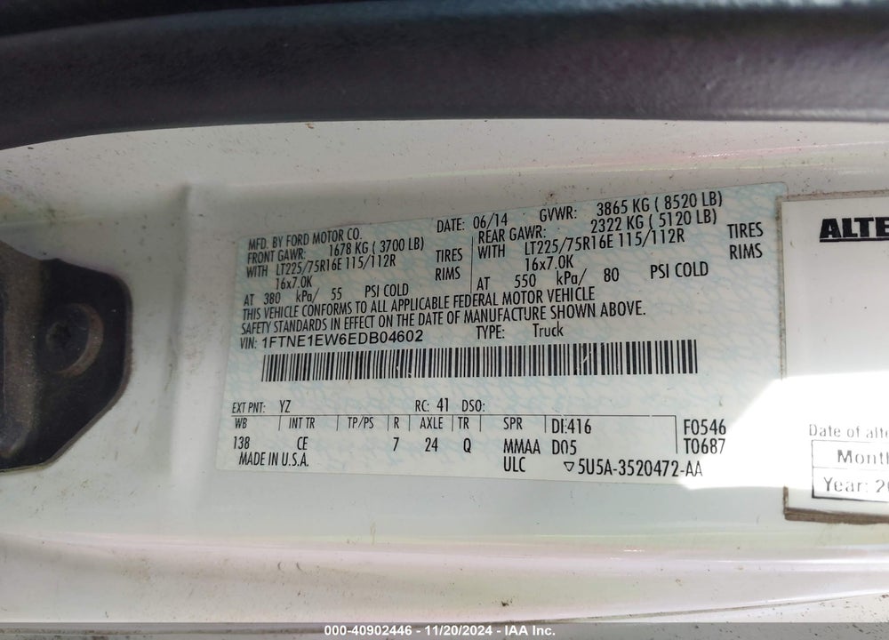 2014 FORD E-150 COMMERCIAL VIN: 1FTNE1EW6EDB04602