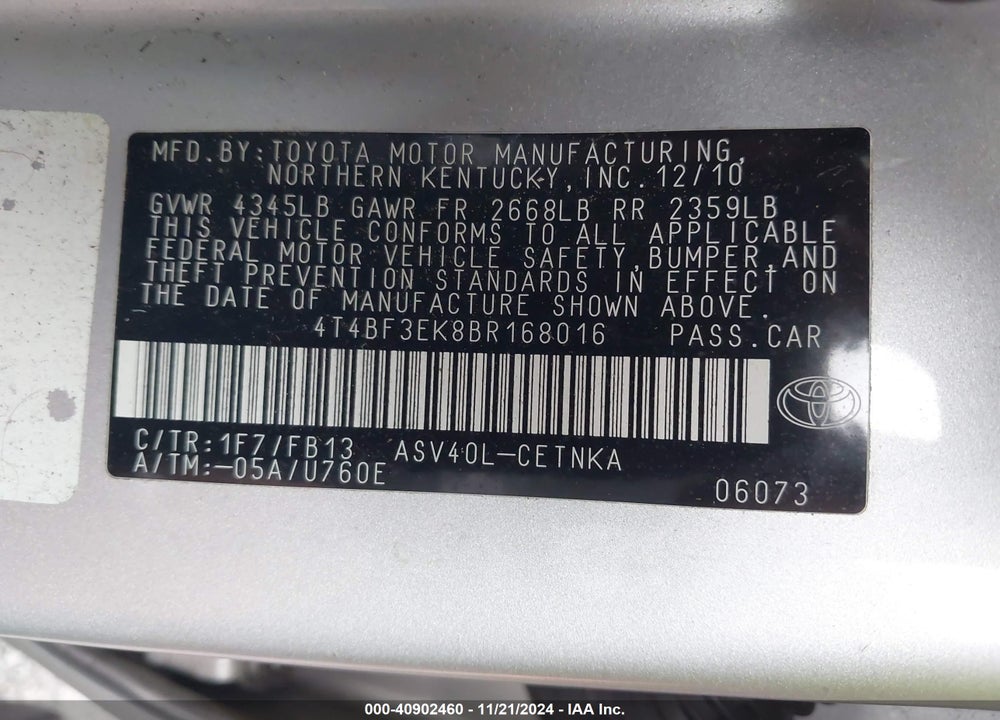 2011 TOYOTA CAMRY LE VIN: 4T4BF3EK8BR168016
