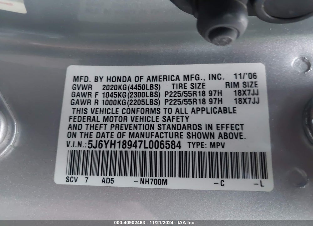 2007 HONDA ELEMENT SC VIN: 5J6YH18947L006584