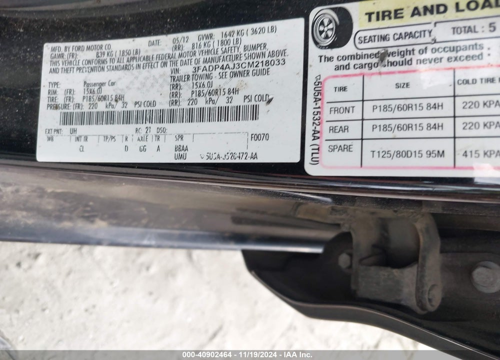 2012 FORD FIESTA VIN: 3FADP4AJ3CM218033