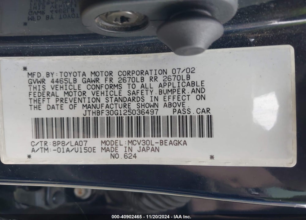 2002 LEXUS ES 300 VIN: JTHBF30G125036497