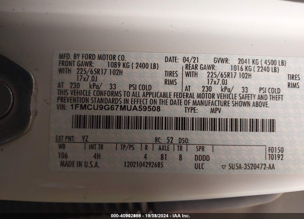 2021 FORD ESCAPE SE VIN: 1FMCU9G67MUA59508