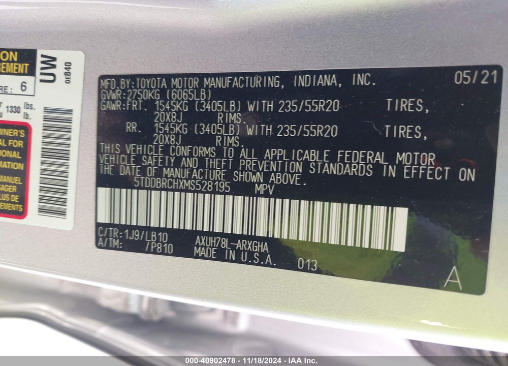 2021 TOYOTA HIGHLANDER HYBRID LIMITED VIN: 5TDDBRCHXMS528195