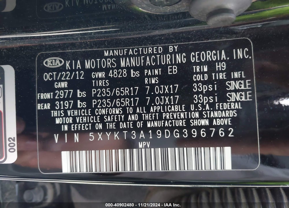 2013 KIA SORENTO LX VIN: 5XYKT3A19DG396762