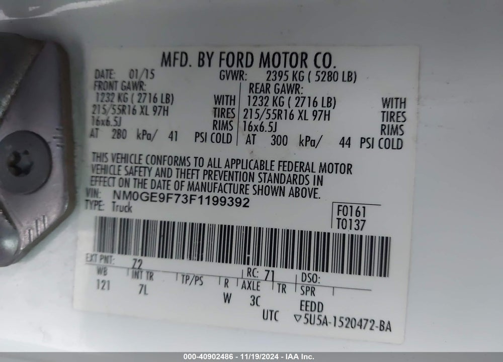 2015 FORD TRANSIT CONNECT XLT VIN: NM0GE9F73F1199392