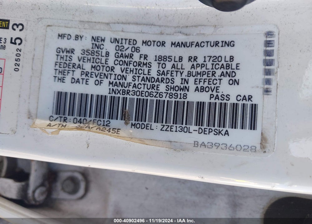 2006 TOYOTA COROLLA S VIN: 1NXBR30E06Z678918