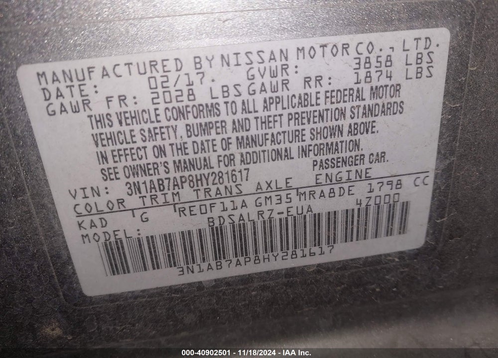 2017 NISSAN SENTRA VIN: 3N1AB7AP8HY281617