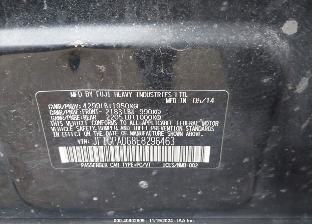 2014 SUBARU IMPREZA 2.0I PREMIUM VIN: JF1GPAD68E8296463