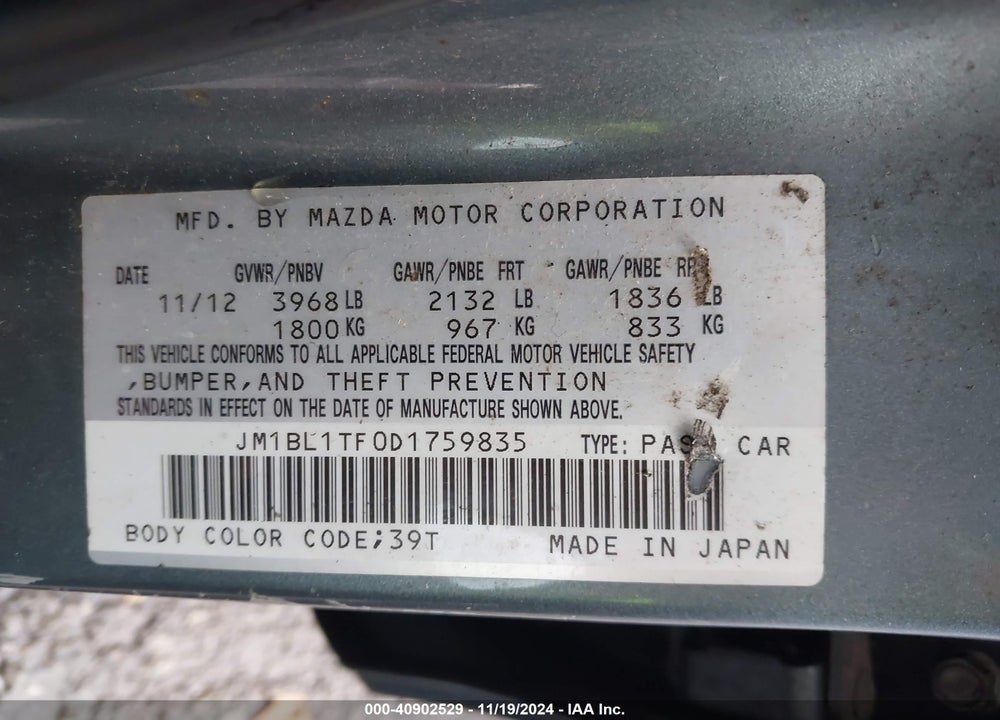 2013 MAZDA 3 I SV VIN: JM1BL1TF0D1759835