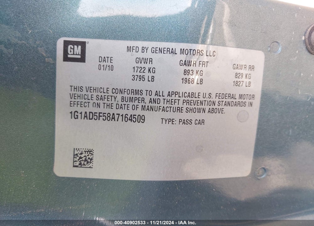 2010 CHEVROLET COBALT VIN: 1G1AD5F58A7164509