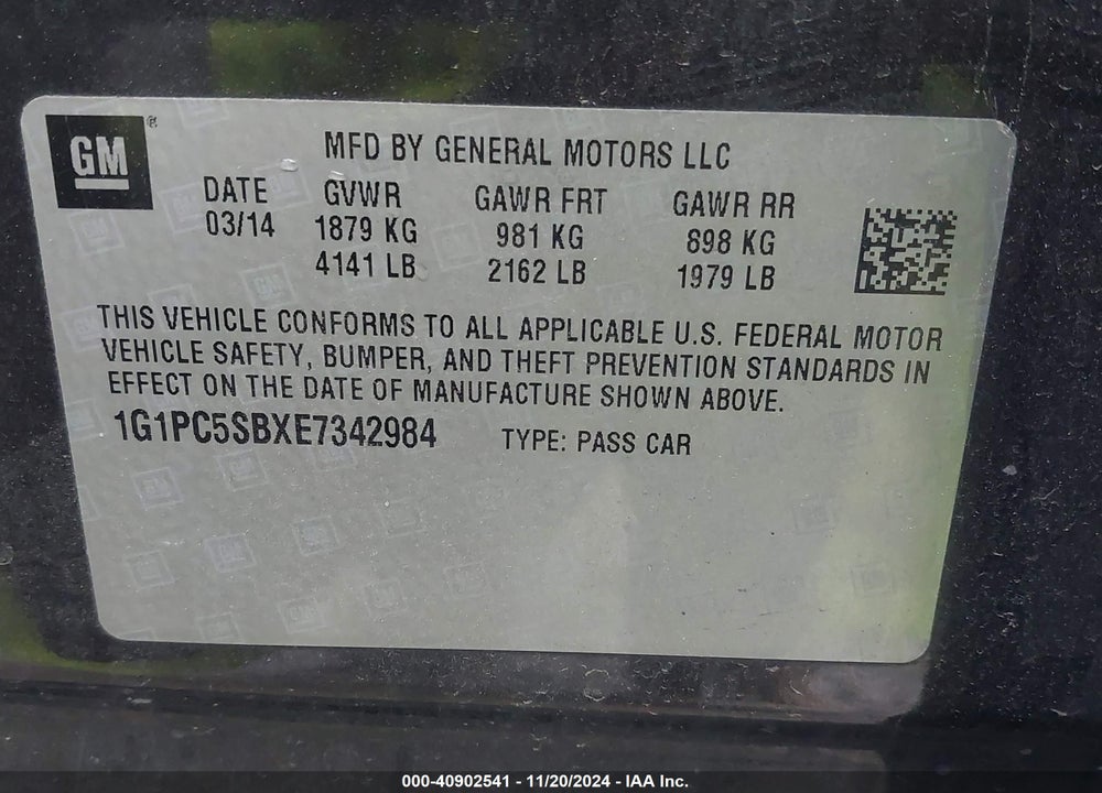 2014 CHEVROLET CRUZE 1LT AUTO VIN: 1G1PC5SBXE7342984
