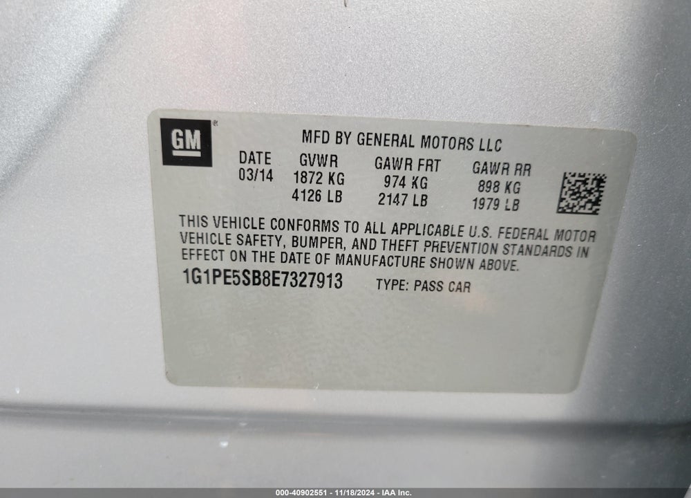 2014 CHEVROLET CRUZE VIN: 1G1PE5SB8E7327913