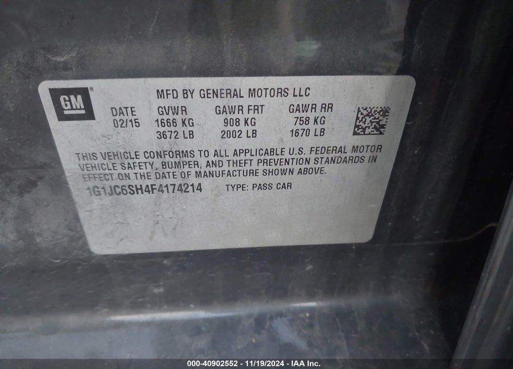 2015 CHEVROLET SONIC LT AUTO VIN: 1G1JC6SH4F4174214