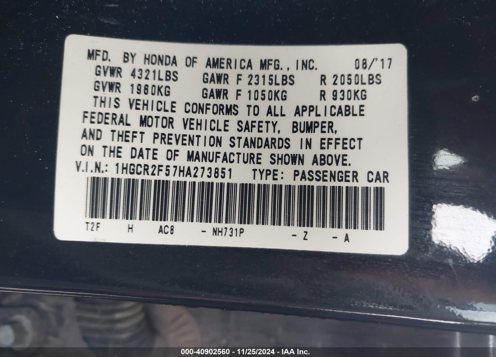2017 HONDA ACCORD SPORT VIN: 1HGCR2F57HA273851
