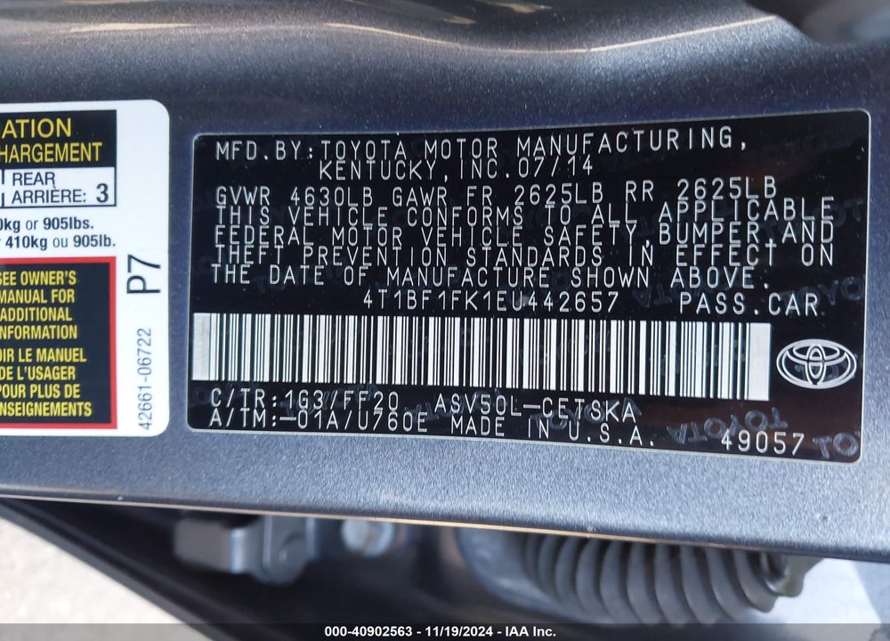 2014 TOYOTA CAMRY SE VIN: 4T1BF1FK1EU442657