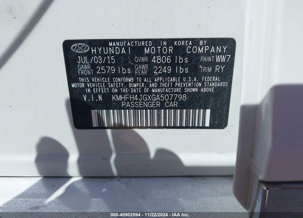 2016 HYUNDAI AZERA LIMITED VIN: KMHFH4JGXGA507798