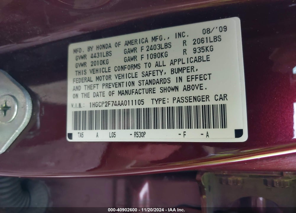 2010 HONDA ACCORD 2.4 EX VIN: 1HGCP2F74AA011105