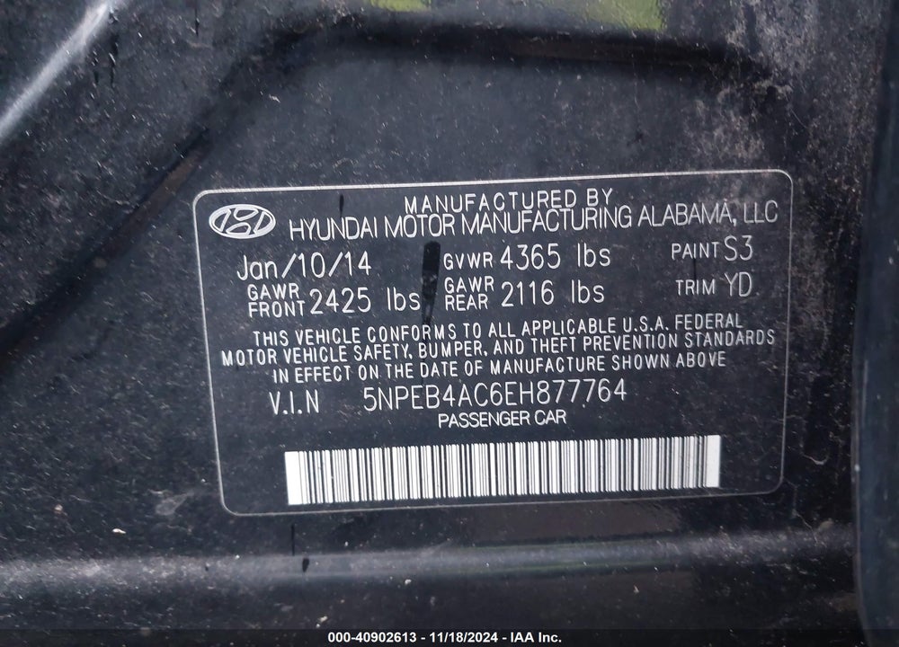 2014 HYUNDAI SONATA GLS VIN: 5NPEB4AC6EH877764