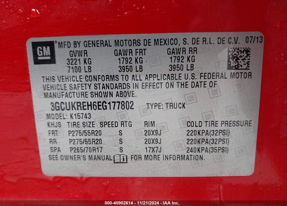 2014 CHEVROLET SILVERADO 1500 2LT VIN: 3GCUKREH6EG177802