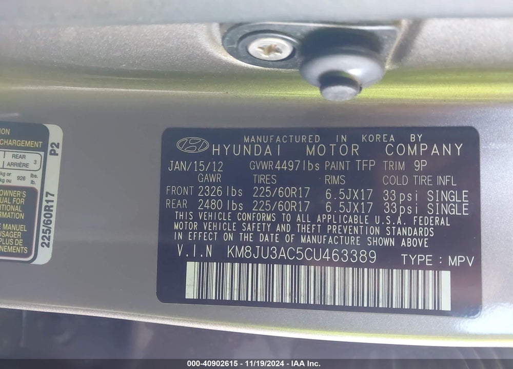 2012 HYUNDAI TUCSON GLS VIN: KM8JU3AC5CU463389