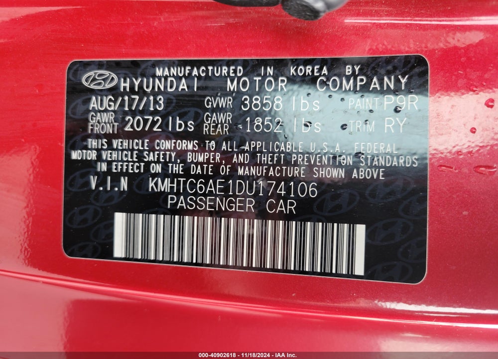 2013 HYUNDAI VELOSTER VIN: KMHTC6AE1DU174106