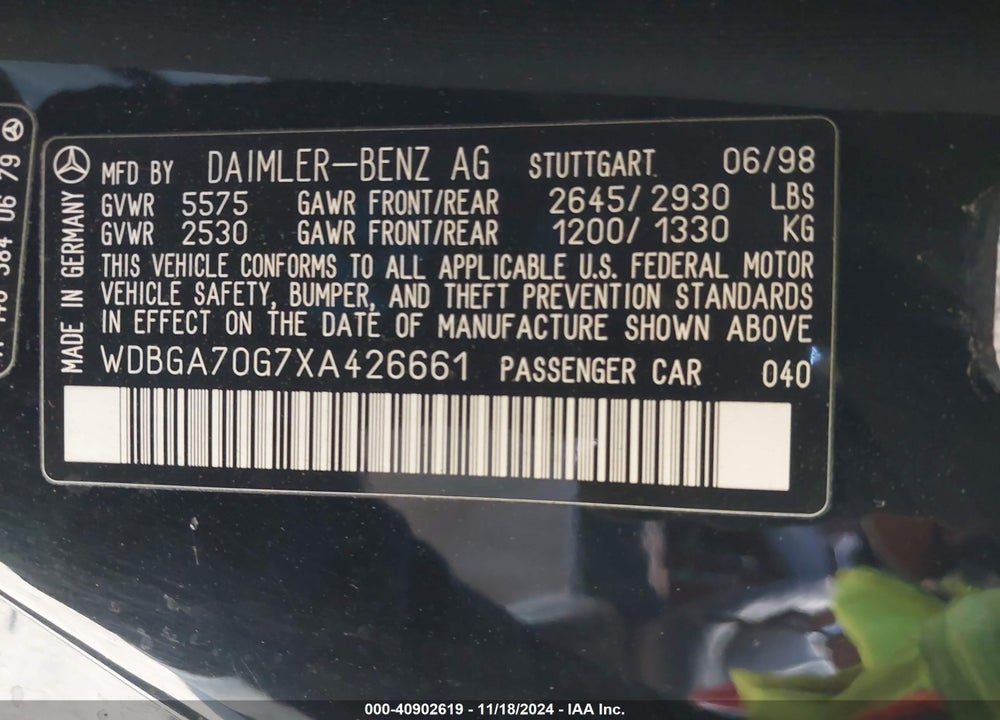 1999 MERCEDES-BENZ CL 500 VIN: WDBGA70G7XA426661