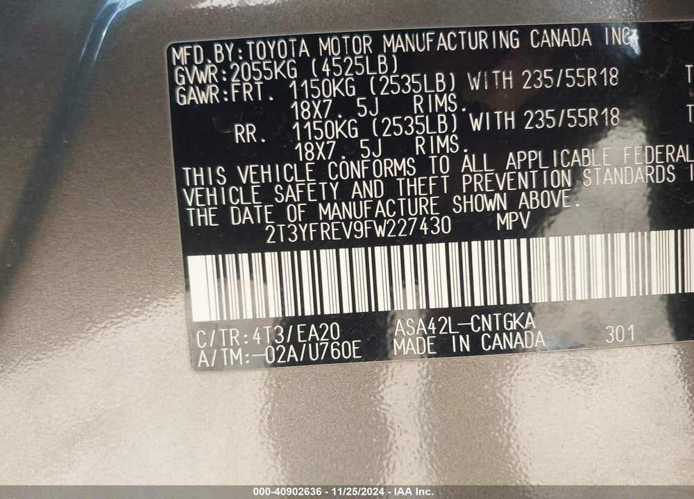 2015 TOYOTA RAV4 LIMITED VIN: 2T3YFREV9FW227430