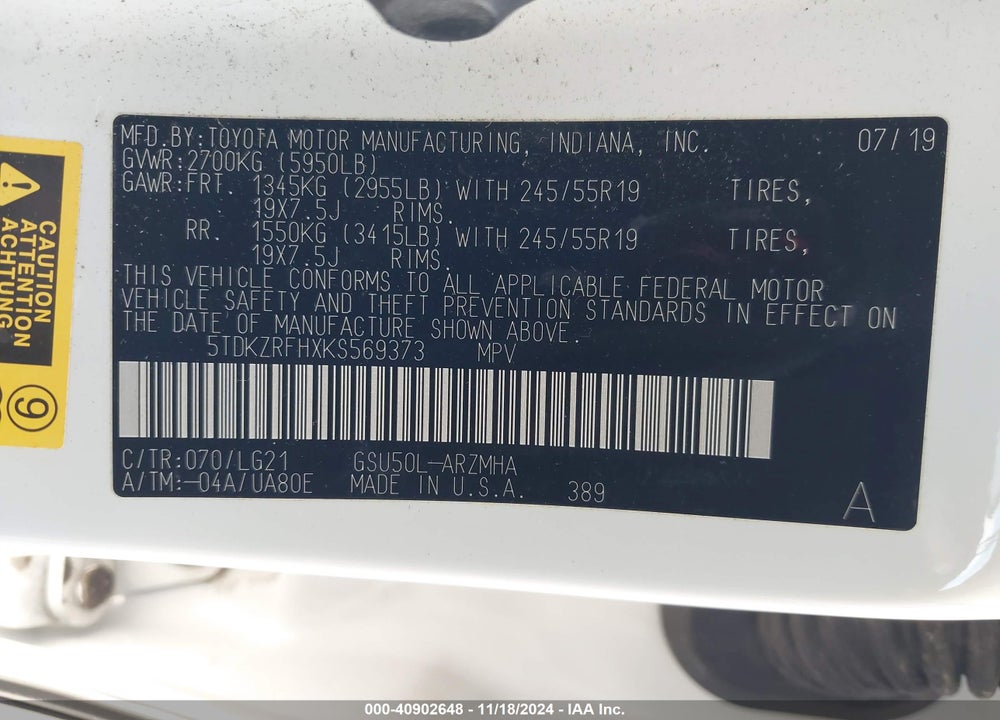 2019 TOYOTA HIGHLANDER SE VIN: 5TDKZRFHXKS569373