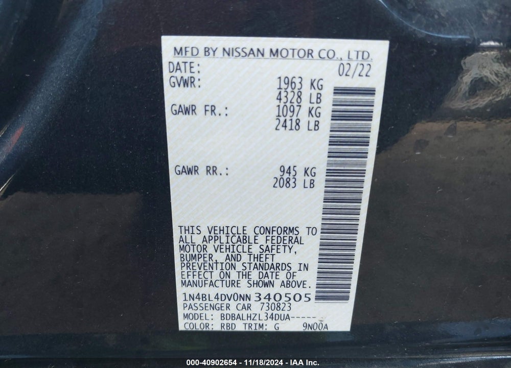 2022 NISSAN ALTIMA SV FWD VIN: 1N4BL4DV0NN340505