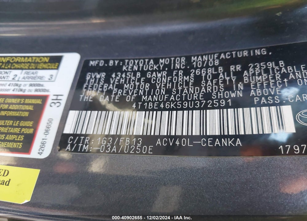 2009 TOYOTA CAMRY LE VIN: 4T1BE46K59U372591