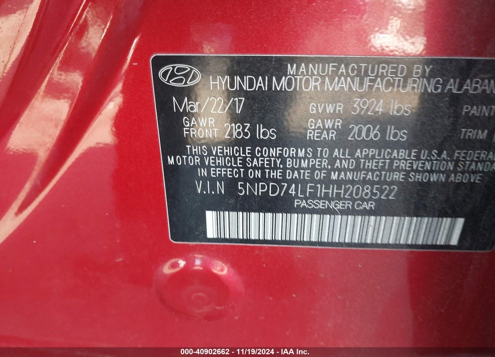 2017 HYUNDAI ELANTRA SE VIN: 5NPD74LF1HH208522