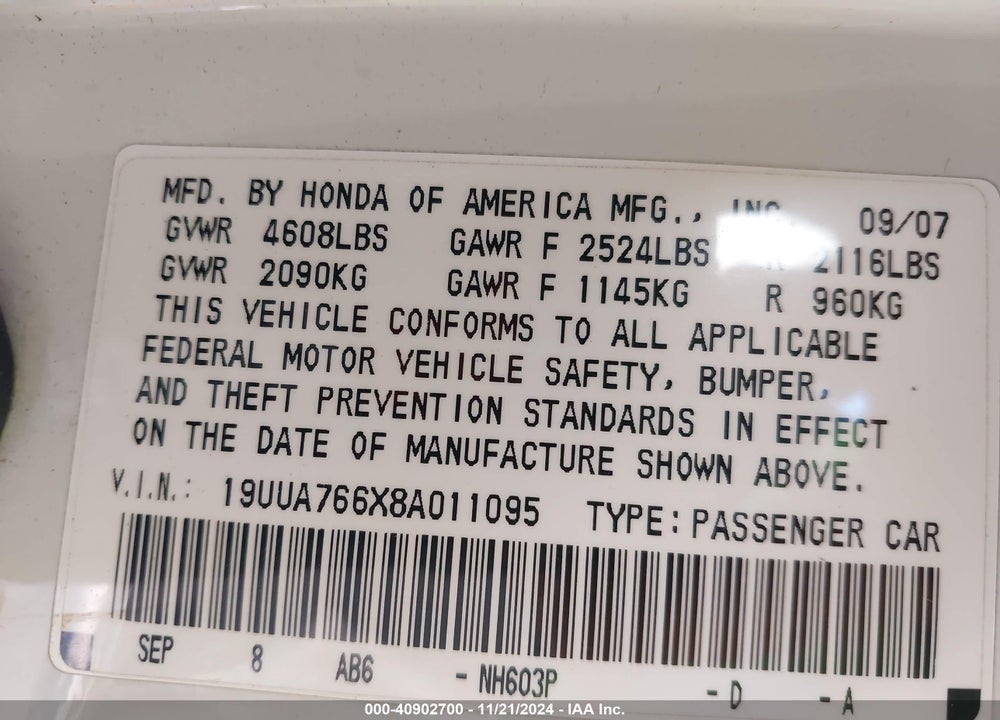 2008 ACURA TL TYPE S VIN: 19UUA766X8A011095