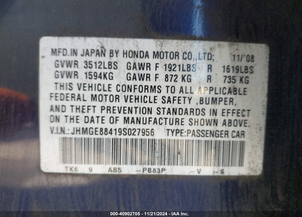 2009 HONDA FIT SPORT VIN: JHMGE88419S027956