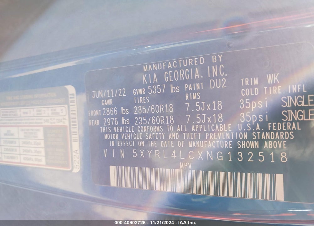 2022 KIA SORENTO S VIN: 5XYRL4LCXNG132518
